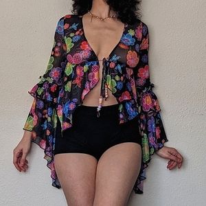 Dolls Kill Sonic Bloom Boho Bell Sleeve Mesh Sheer Floral Print Top NWT Small